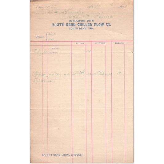 1893 South Bend Chilled Plow Co Indiana Billhead Receipt D11