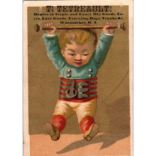 T. Tetreault Dry Goods Woonsocket RI Boy on Trapeze c1880 Trade Card AF1-AP8