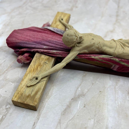 Vintage Handmade Crucifix Jesus on Cross Wood & Cloth 12x6 TD5