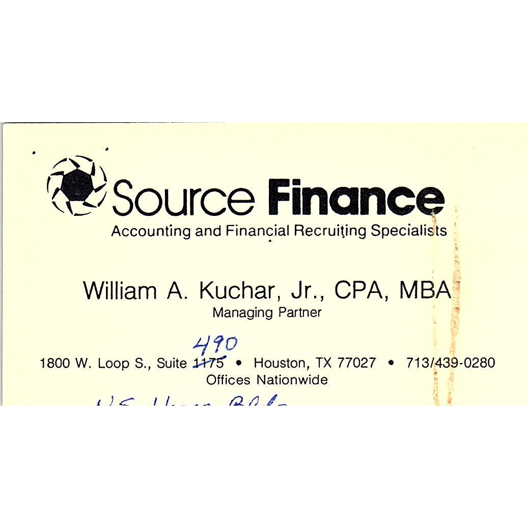 William A Kuchar Source Finance Houston Vintage Business Card SC9-B1