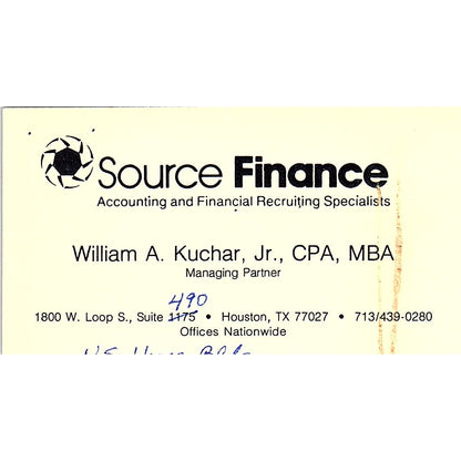 William A Kuchar Source Finance Houston Vintage Business Card SC9-B1