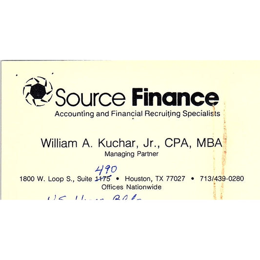 William A Kuchar Source Finance Houston Vintage Business Card SC9-B1