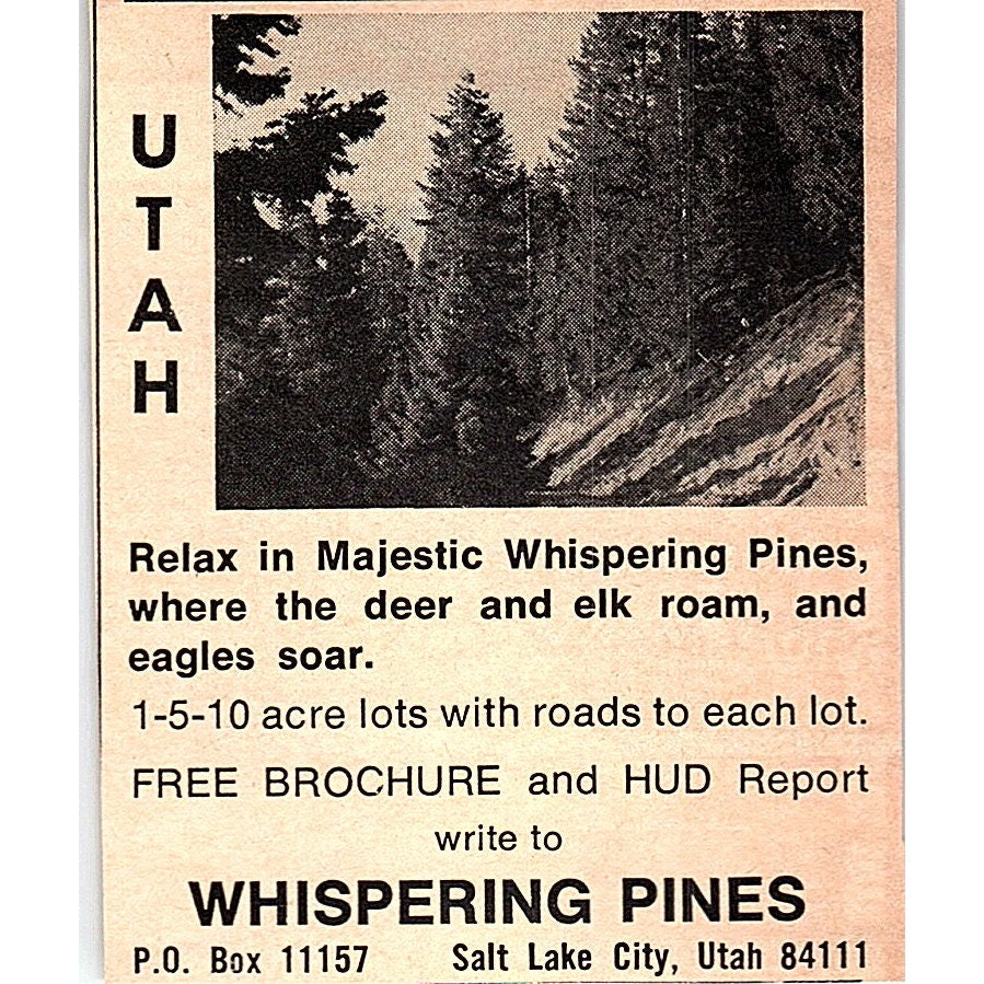 Travel Whispering Pines Utah Salt Lake City UT 1977 Ad AF6-M2