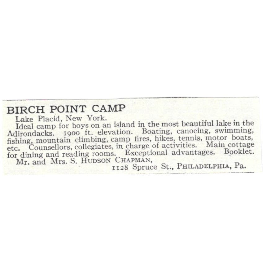 Birch Point Camp Lake Placid NY S. Hudson Chapman c1918 Advertisement AE5-SV3