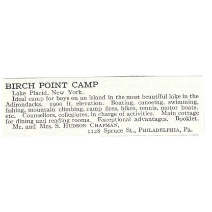 Birch Point Camp Lake Placid NY S. Hudson Chapman c1918 Advertisement AE5-SV3