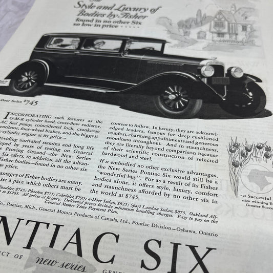 Pontiac Six Sedan General Motors 1928 Original Magazine Advertisement FL6-8