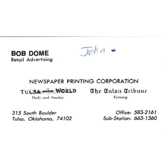 Bob Dome Newspaper Printing Corporation Tulsa OK Vintage Business Card SD8-B20