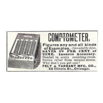 Felt & Tarrant Mfg Co Comptometer 52 Illinois St Chicago 1892 Ad AG2-S20