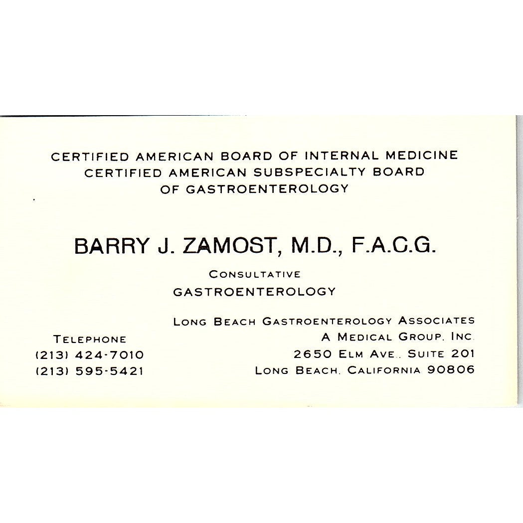Consultative Gastroenterology, Barry J. Zamost, M.D. LB, CA Business Card SF3-B8
