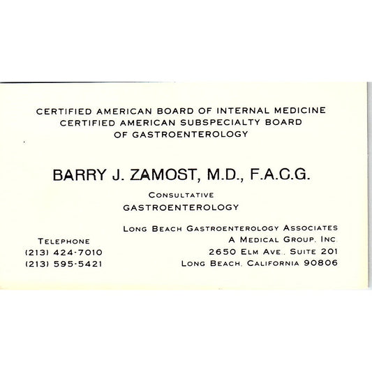 Consultative Gastroenterology, Barry J. Zamost, M.D. LB, CA Business Card SF3-B8