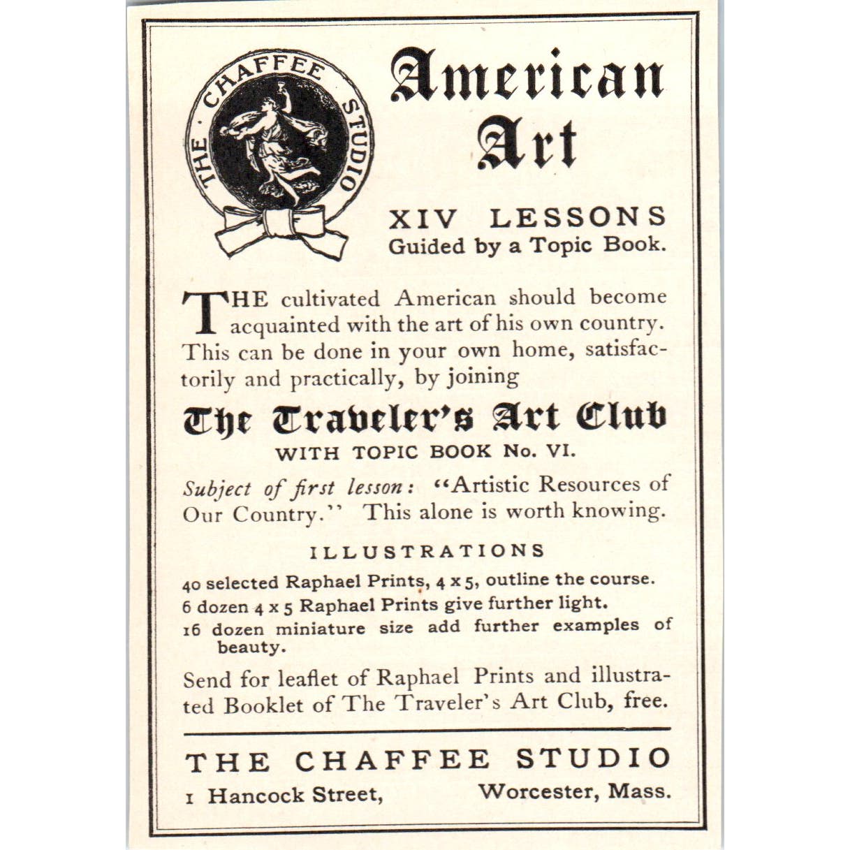 American Art XIV Lessons The Chaffee Studio Worcester c1905 Victorian Ad AE9-MA6