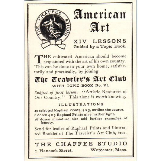 American Art XIV Lessons The Chaffee Studio Worcester c1905 Victorian Ad AE9-MA6