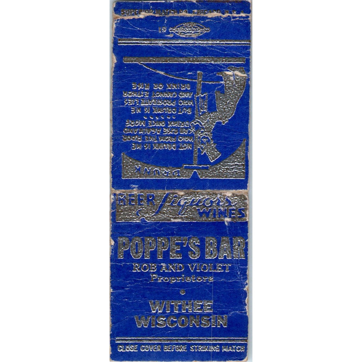 Poppe's Bar Rob and Violet Withee WI Vintage Matchbook Cover SD4-Y1
