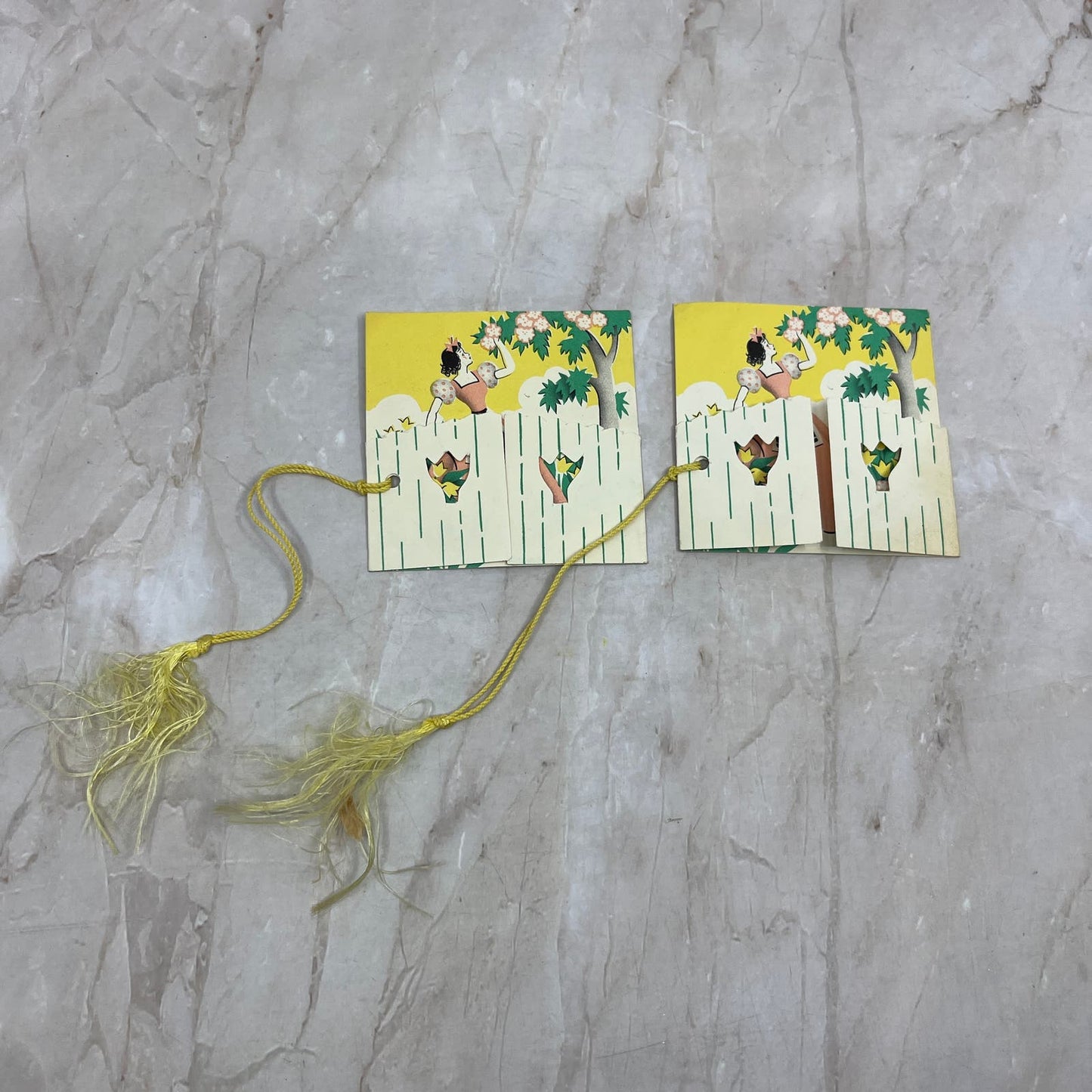 Vintage Set of Two Fold Out Bridge Tally Cards Girl Picking Flowers AE4