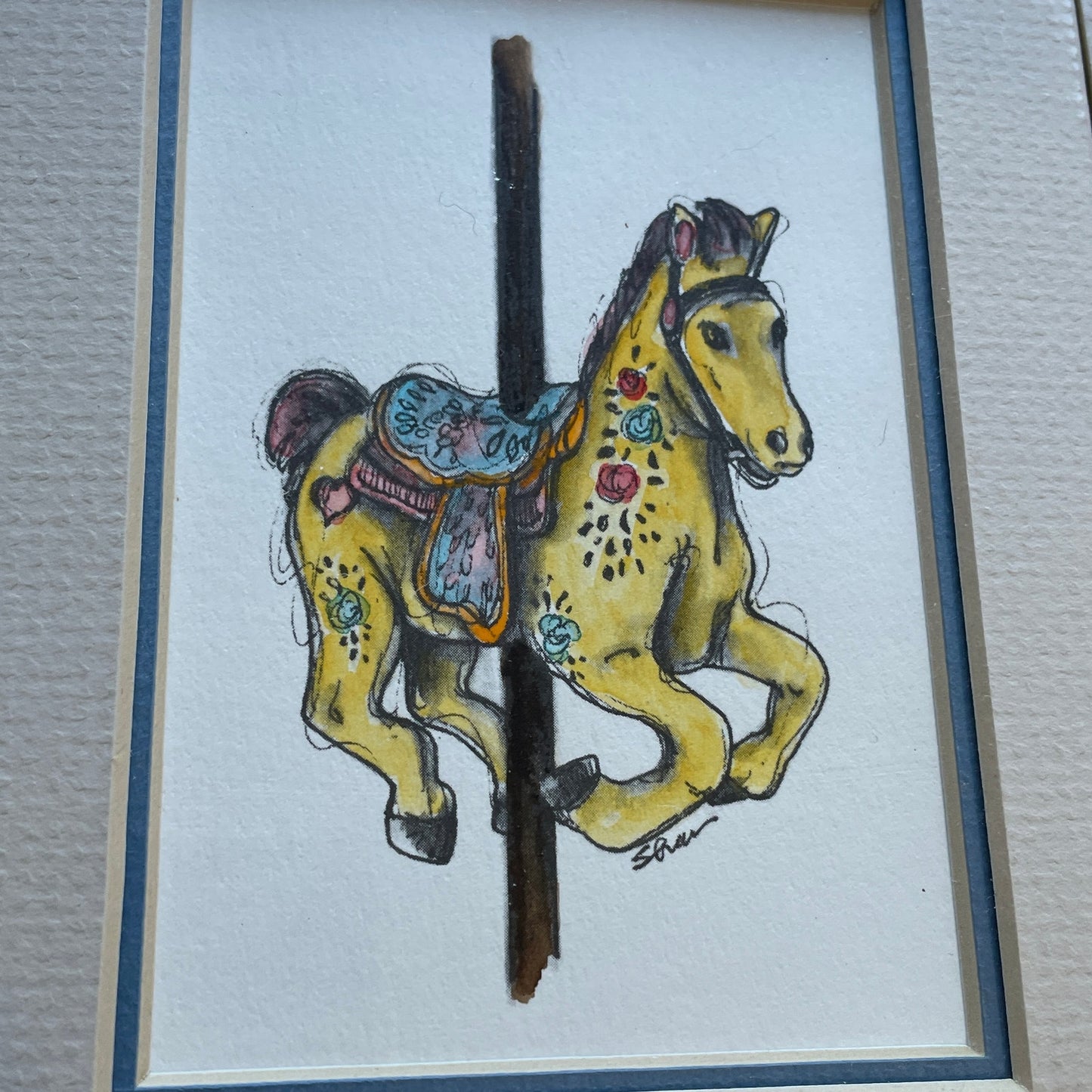 Yellow Carousel Horse 5x7 Matted Print Hand Watercolor, Signed Shar Coulson