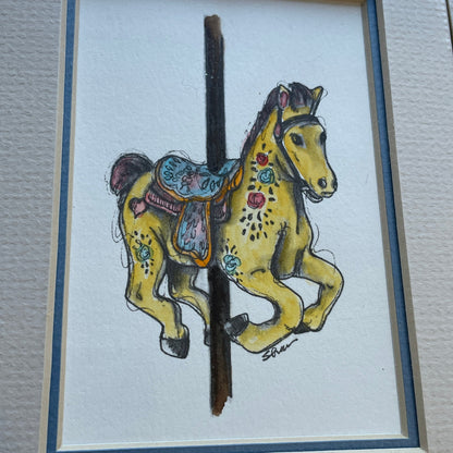 Yellow Carousel Horse 5x7 Matted Print Hand Watercolor, Signed Shar Coulson