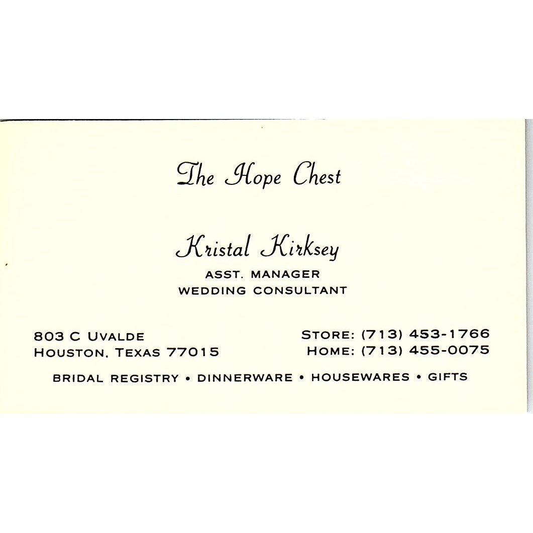 Kristal Kirksey The Hope Chest Bridal Shop Houston Vintage Business Card SE5-B5
