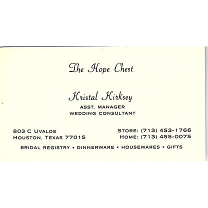 Kristal Kirksey The Hope Chest Bridal Shop Houston Vintage Business Card SE5-B5