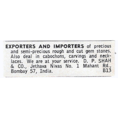 D.P. Shah & Co Precious Stone Import Export Bombay India 1964 Magazine Ad AK6-S8