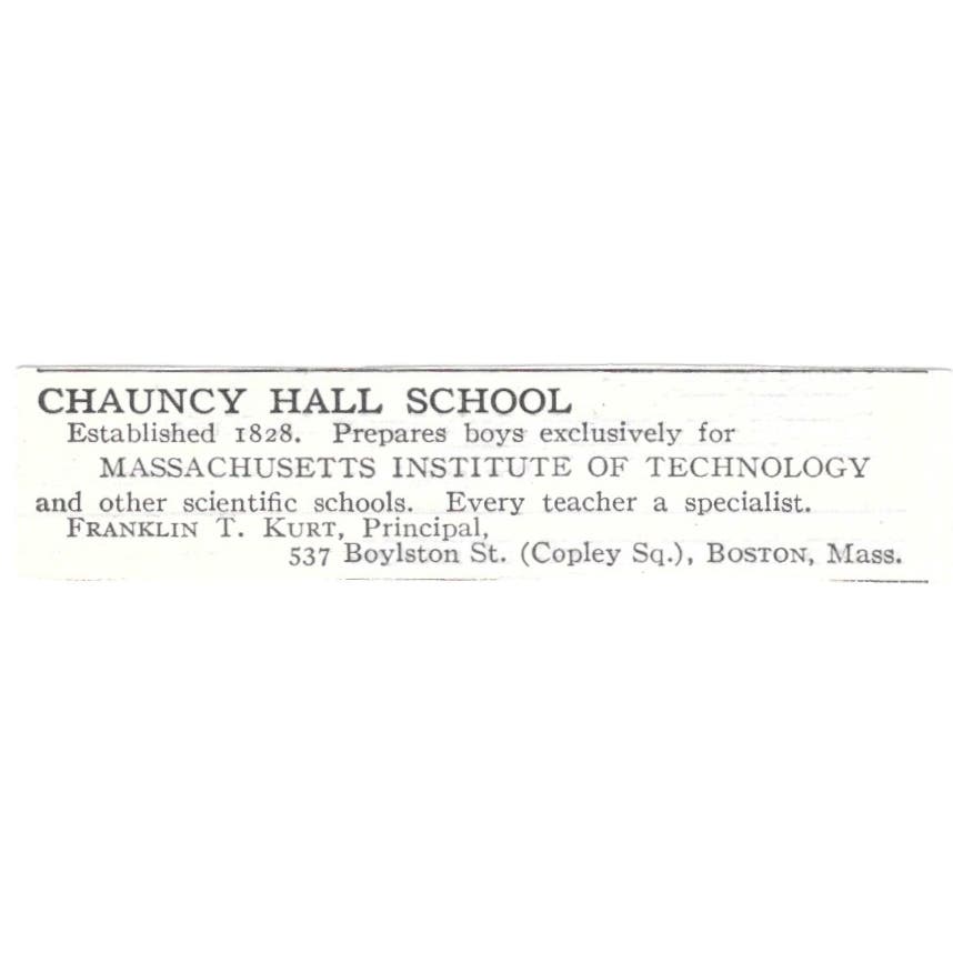 Chauncey Hall School Franklin T Kurt Boston c1918 Original Advertisement AE5-SV2