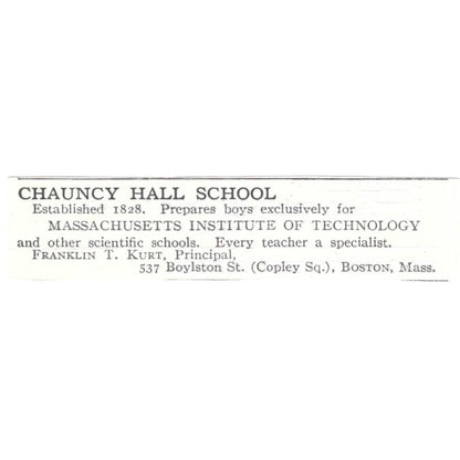 Chauncey Hall School Franklin T Kurt Boston c1918 Original Advertisement AE5-SV2