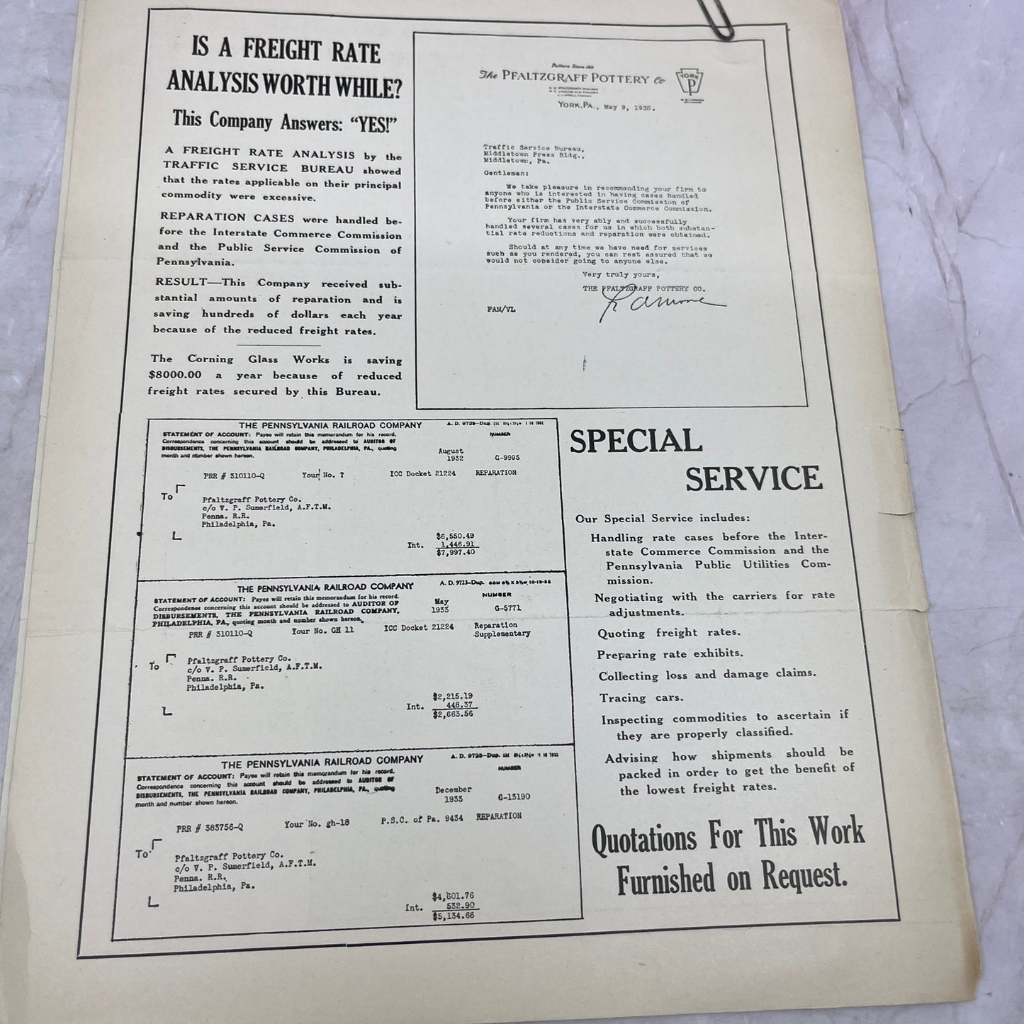 1938 Traffic Service Bureau Middletown PA Circular Promo Packet D22