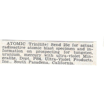 Atomic Trinitite - Ultra-Violet Products Inc, South Pasadena CA 1955 Ad AG1-S4