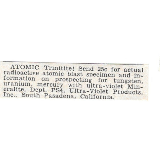 Atomic Trinitite - Ultra-Violet Products Inc, South Pasadena CA 1955 Ad AG1-S4