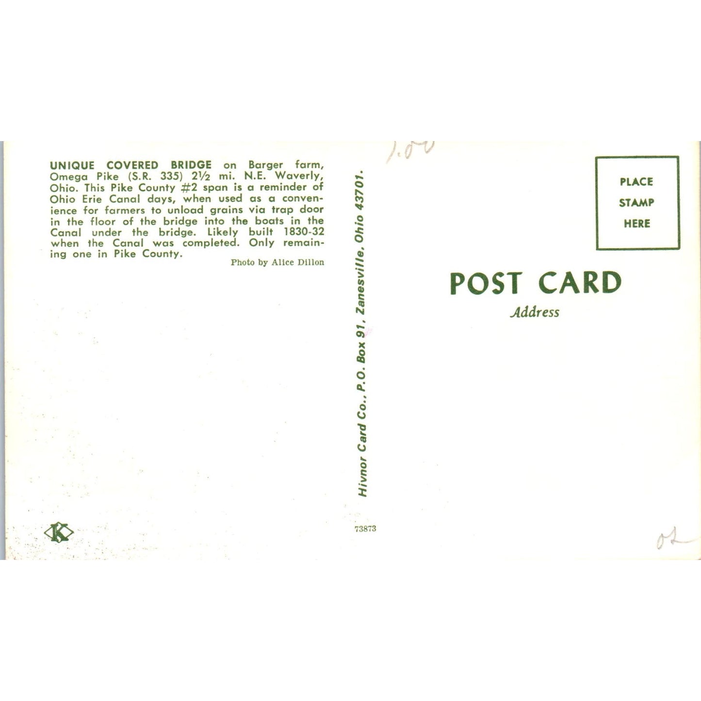 Barger Farm Omega Pike Waverly Ohio Covered Bridge Postcard PC1