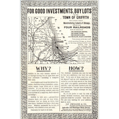 Town of Griffith Map of Lots Chicago Suburb Jay Dwiggins c1890 Victorian Ad D11