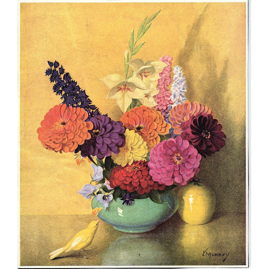 Zinnia Bouquet Still Life K. Murray Floral Art Print 7x8.5 V6