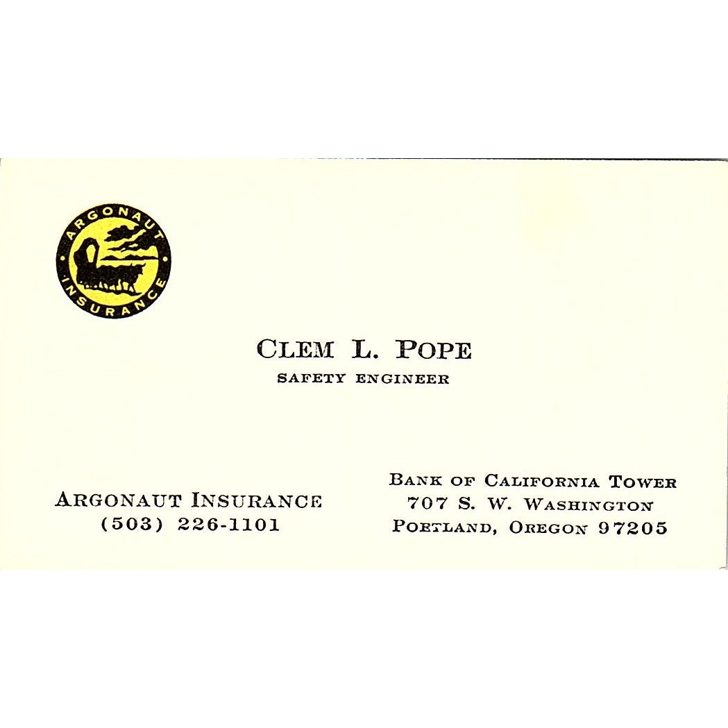 Clem L Pope Argonaut Ins Portland OR Vintage Business Card SD9-B8
