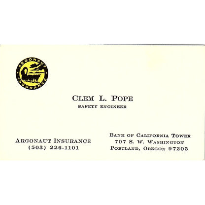 Clem L Pope Argonaut Ins Portland OR Vintage Business Card SD9-B8