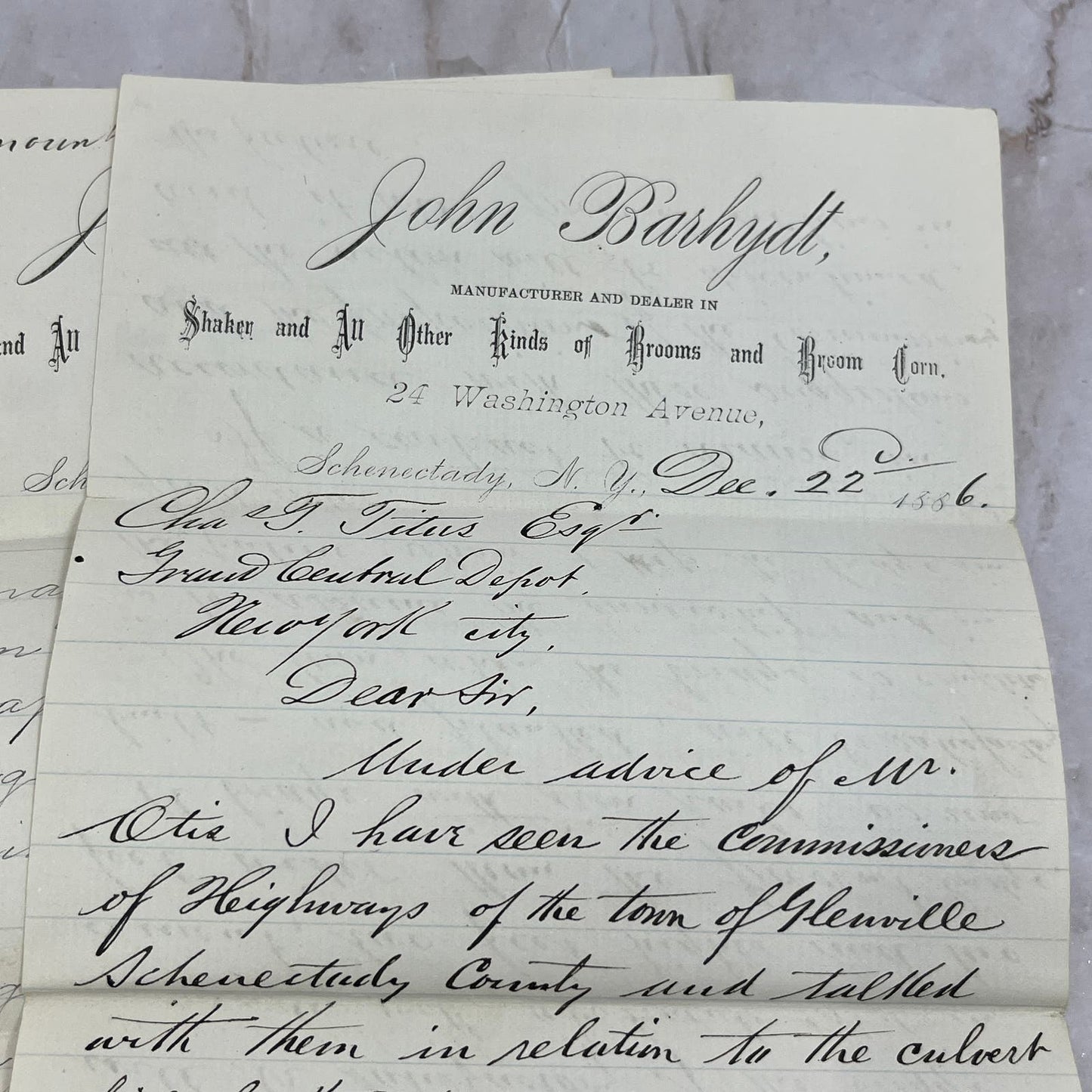 1886 Handwritten Letter John Barhydt Broom Maker Schenectady NY TG9-E1