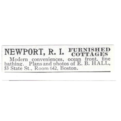 E.B. Hall Newport R.I. Furnished Cottages 1903 Ad AF8-S43