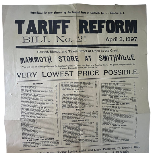 Mammoth Store at Smithville Absecon NJ McKinley Tariff Reform Broadside AJ1-1