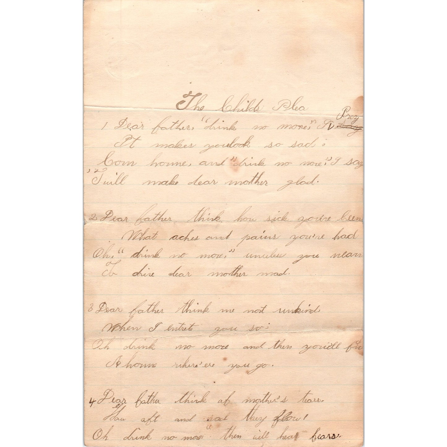 1870s Handwritten Poem - The Child's Plea Ida B. Leman Soudersburg PA D21