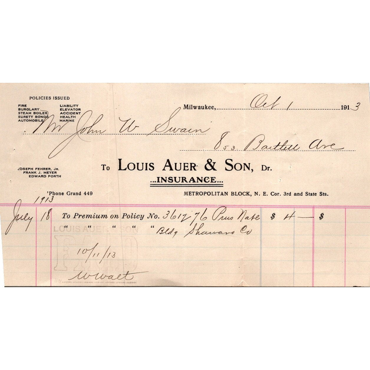 1913 Louis Auer & Son Insurance Milwaukee WI Joseph Fehrer Jr Billhead J16