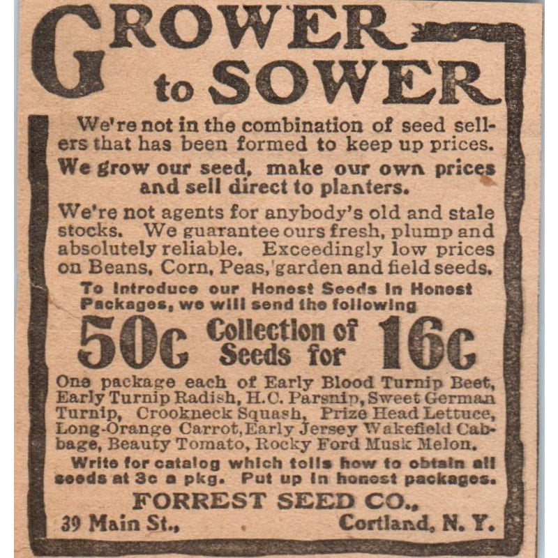 Grower to Sower Seeds Forrest Seed Co Cortland NY 1905 Magazine Ad AF1-NH3