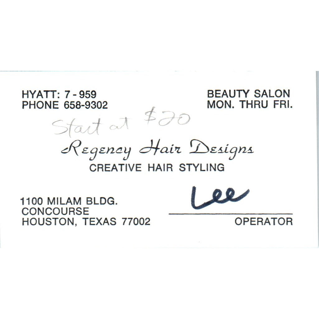 Regency Creative Hair Styling Salon Houston TX Vintage Business Card SD8-B10