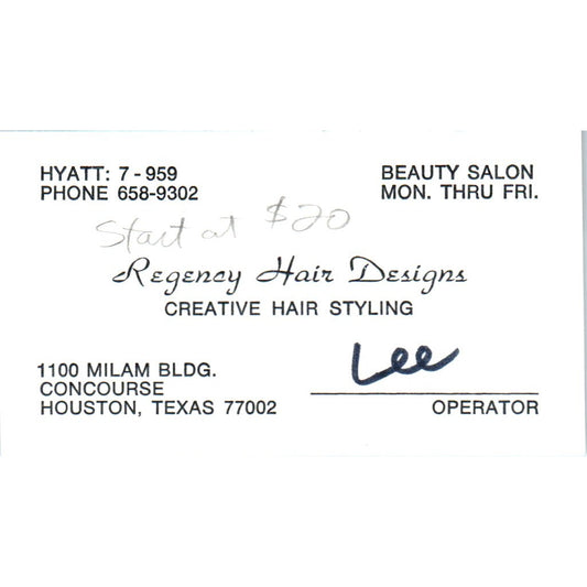 Regency Creative Hair Styling Salon Houston TX Vintage Business Card SD8-B10