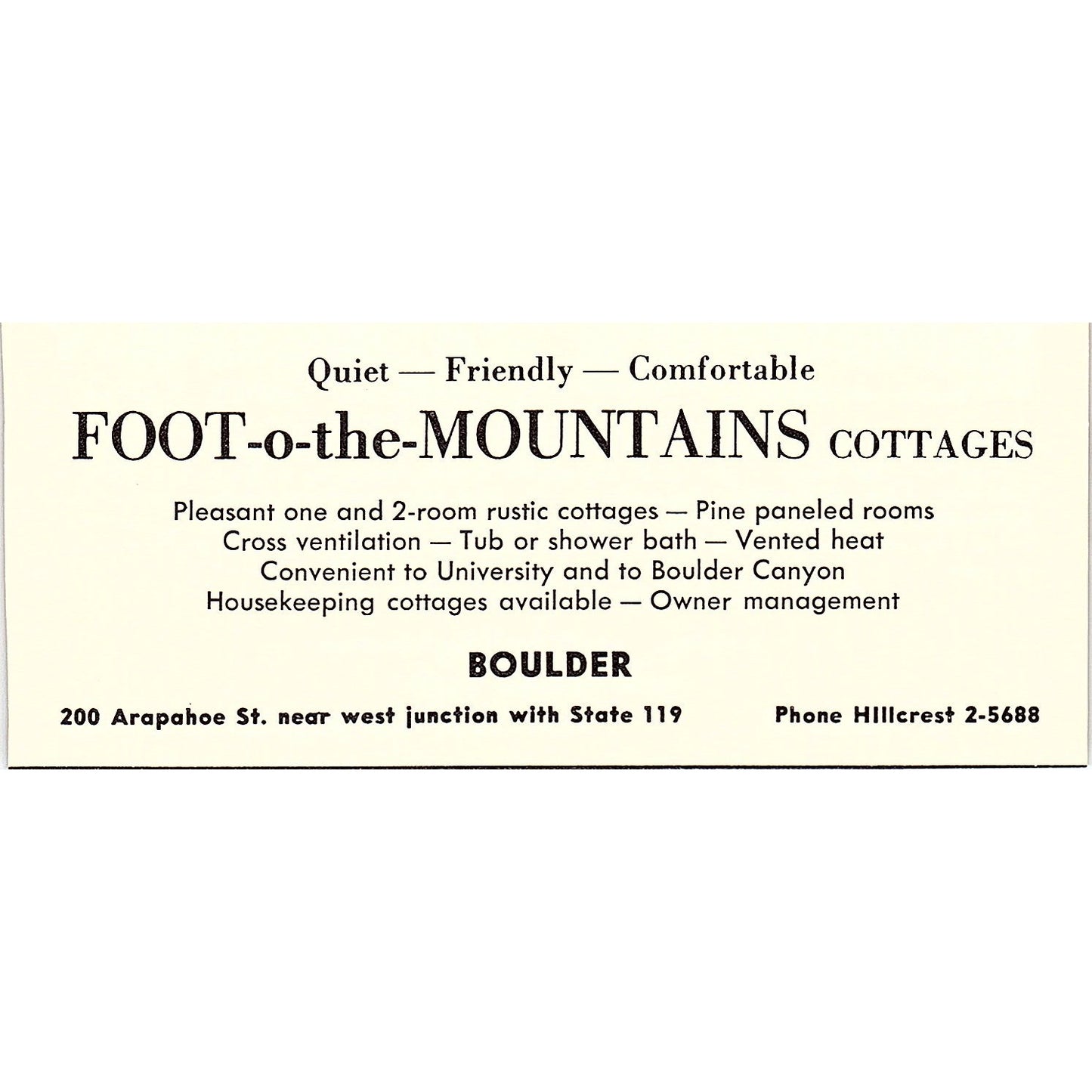 Foot-o-the-Mountains Cottages Boulder CO 1958 Ad AG1-M2