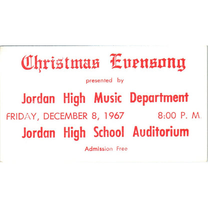 1967 Christmas Evensong Jordan High School Houston Promo Card SD8-B20