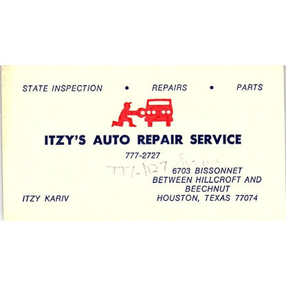 Itzy Kariv Itzy's Auto Repair Service Houston Vintage Business Card SE3-B13