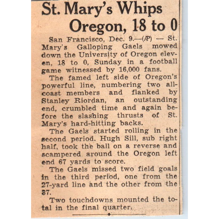 St. Marys Beats Oregon College Football 1935 Minneapolis Journal Article AE7-N5