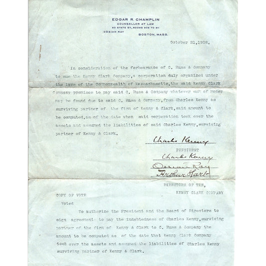 1908 Edgar R Champlin Attorney Boston MA Letterhead Memo AF4-2