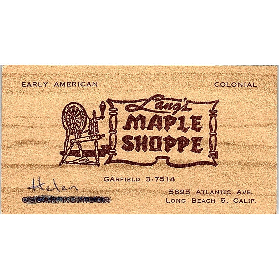 Lang's Maple Shoppe Early American Helen Long Beach CA Business Card SF3-B2