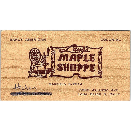 Lang's Maple Shoppe Early American Helen Long Beach CA Business Card SF3-B2