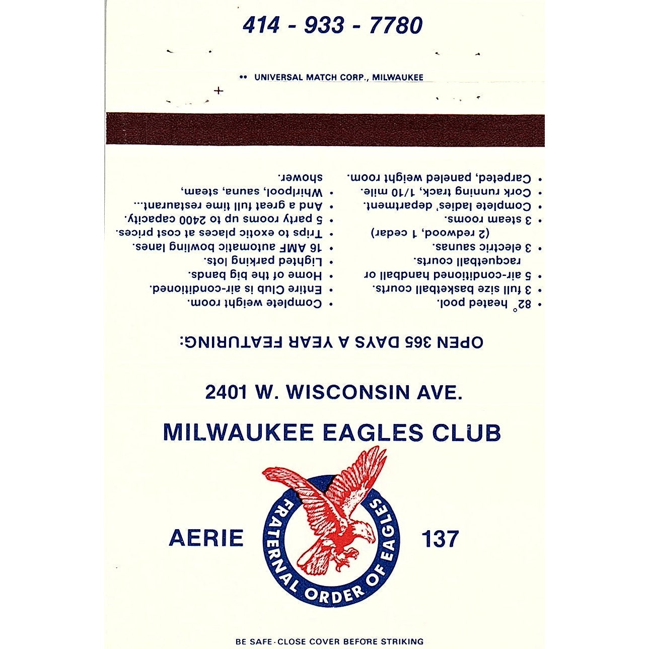 Milwaukee Eagles Club Aerie 137 Large Vintage Matchbook TB6-MB2-10