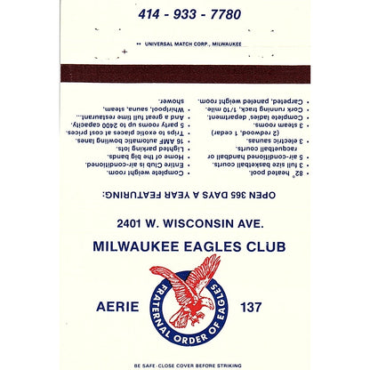 Milwaukee Eagles Club Aerie 137 Large Vintage Matchbook TB6-MB2-10